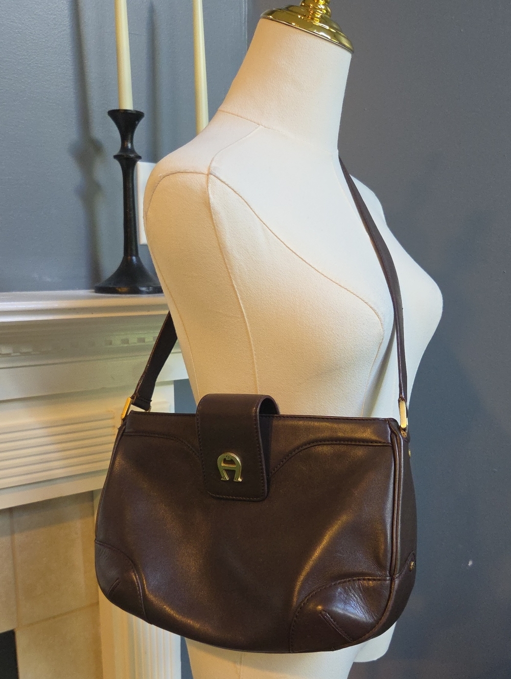 Etienne Aigner Dark Brown Leather Shoulder Bag with Gold Accent